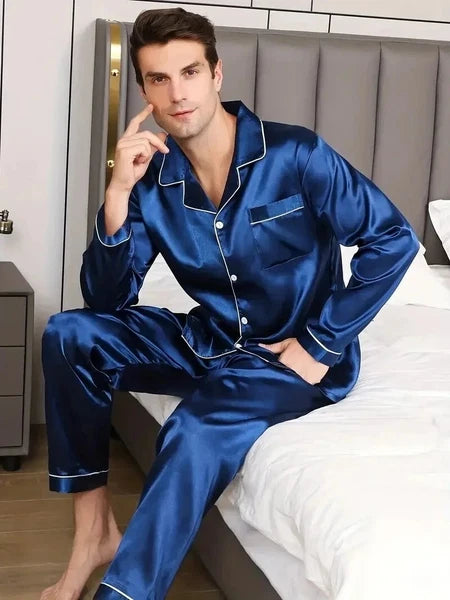 Men's Silk Satin Pajama Set Long Sleeve Soft Sleepwear Loungewear Suit