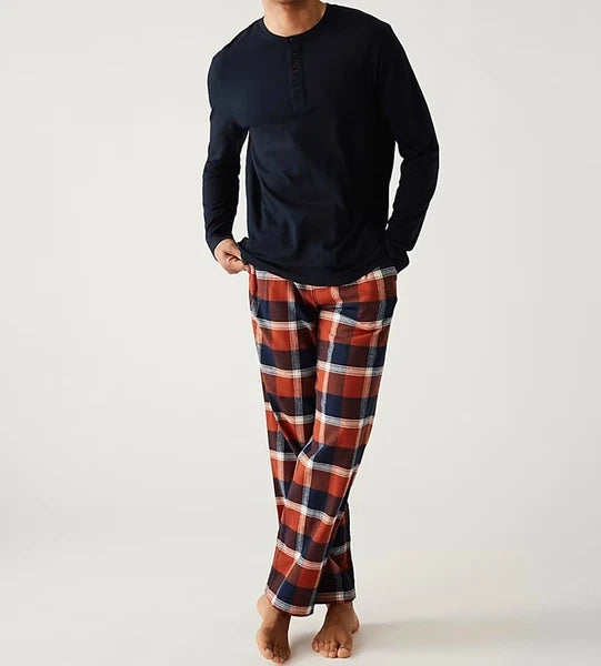 M & S Mens Pure Cotton Brushed For Warmth Pyjamas Loungewear Top & Long Pants