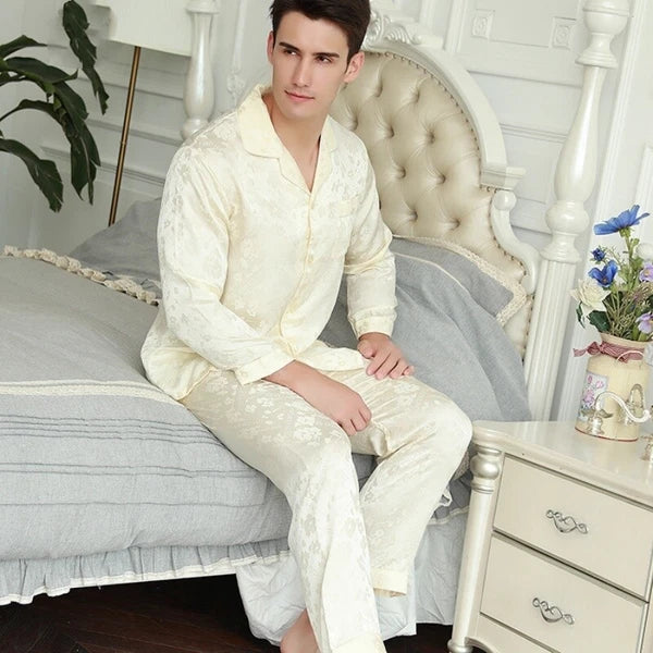 Men's 19MM 100% Pure Mulberry Silk Pajamas Set Long Sleeves Silk Sleepwear S~XXL