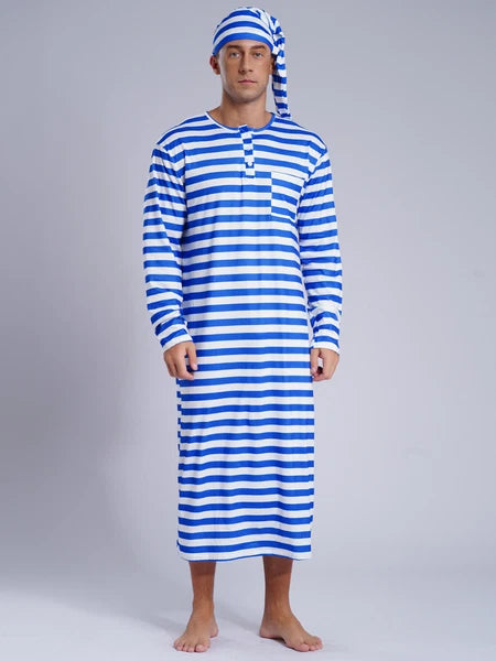 Men's Pajamas Set Long Sleeve Striped Robe Round Neck Loose Sleepwear with Hat