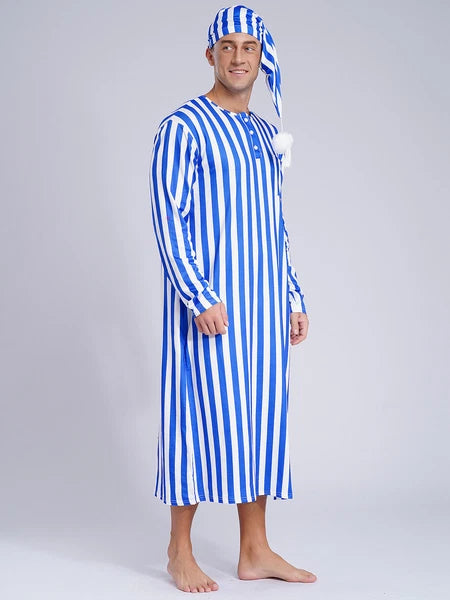 Mens Pyjama Set Nightdress Sleep Shirt Long Robe + Cotton Sleep Cap Night-