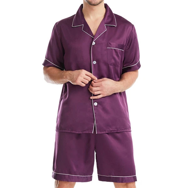 Men Satin Pajamas Set Shorts + Shirt Sleepwear Lounge Nightwear Buttons Outfit