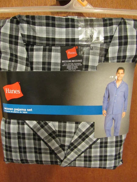 NWT Hanes Mens 2 PC Gray Plaid Woven Shirt & Pants Pajama Sleep Sz SMALL or MED