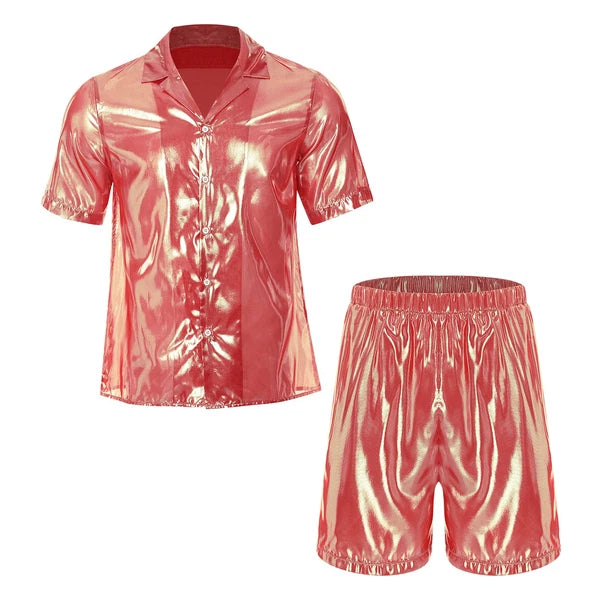 Men Shiny Glossy See-Through Metallic Chiffon Jumpsuit Bodysuit /Pajama Set