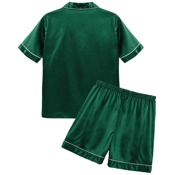 Men's Silky Satin Pajamas Set Short Sleeves Button T-Shirt Tops with Shorts