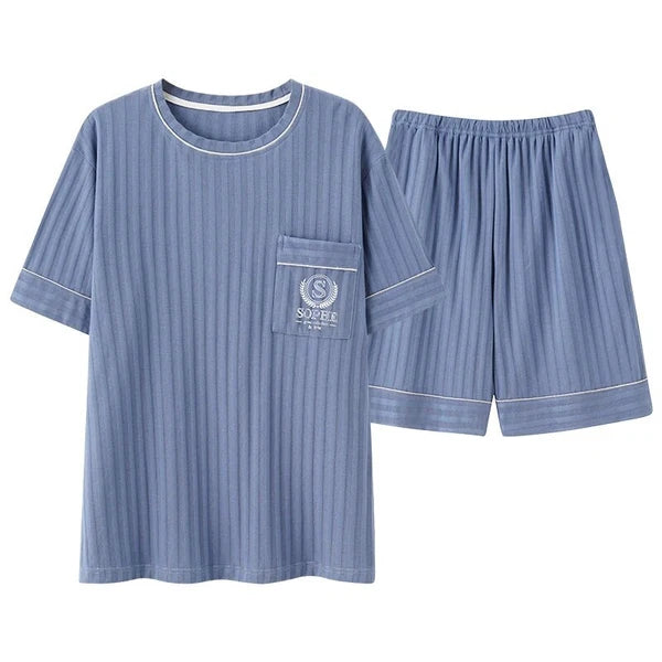 Men Pajamas Set Summer O-neck Vest Shorts Knitted Faux Cotton Pijamas Leisure US