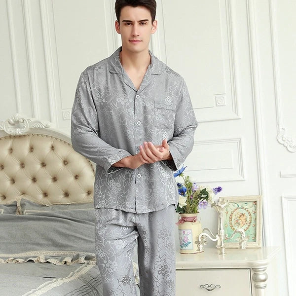 Men's 19MM 100% Pure Mulberry Silk Pajamas Set Long Sleeves Silk Sleepwear S~XXL
