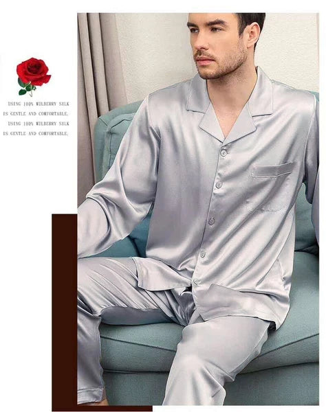 Men's 30MM 100% Pure Mulberry Silk Pajamas Set Long Sleeves Silk Sleepwear S~XXL