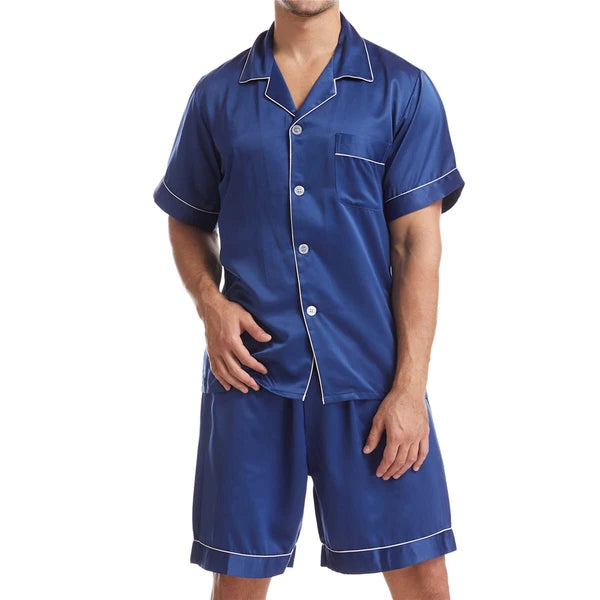 Men Satin Pajamas Set Shorts + Shirt Sleepwear Lounge Nightwear Buttons Outfit