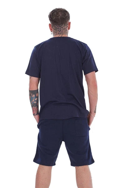 Mens Cotton Pyjama Short Set Jersey Round Neck Top Fleece Zipped Pockets Short