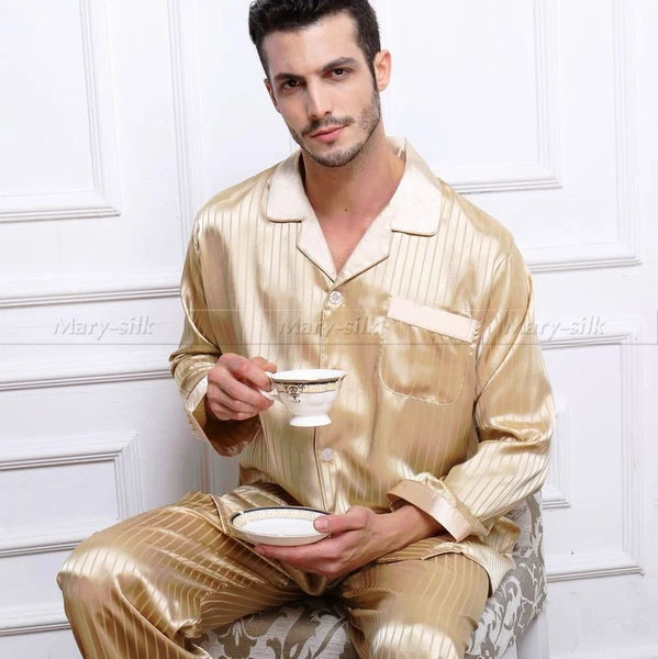 Mens Silk Satin Pajamas Sets Long Sleeves Pajamas Sleepwear Nightwear Loungewear