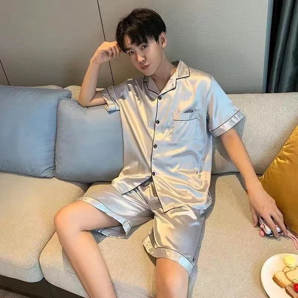 Mens Silk Satin Pajamas Pj Set Top and Shorts Sleepwear Nightwear Casual pijamas