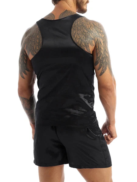 Men's Satin Pajamas Set Soft Silky Loungewear Nightwear Shirts Top with Shorts
