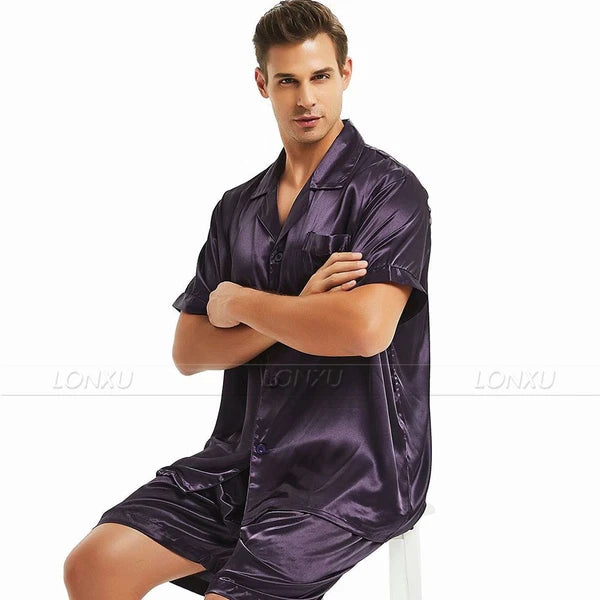 Mens Silk Satin Pajamas Set Short Sleeve+Short Pants Set Sleepwear Loungewear