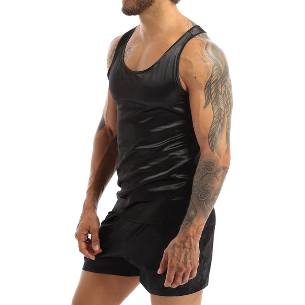 Mens Muscle Shirts Pajama Set Sexy Satin Sleepwear Tank Top Shorts Nightwear