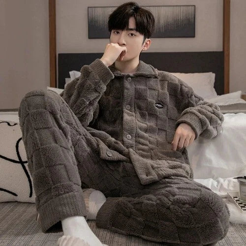 2Pcs/set Men's Pajamas Autumn Winter Padded Long-sleeved Trousers Coral Fleece