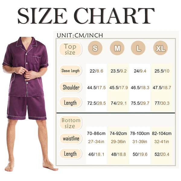 Men Satin Pajamas Set Shorts + Shirt Sleepwear Lounge Nightwear Buttons Outfit