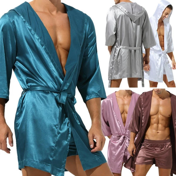 Mens Pajamas Set Night Sleep Robes Silk Satin Nightgown Bathrobe Shorts Homewear