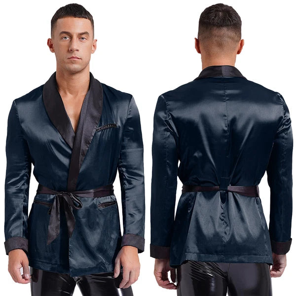 Men's Silk Satin Pajamas Set Short Sleeves Top and Bottom Boxer Shorts Shirt Set