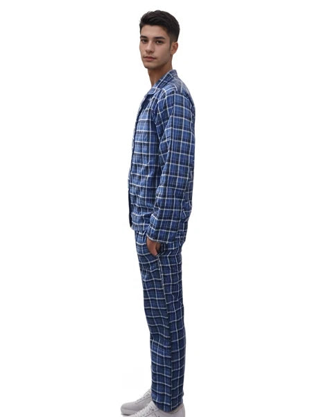 Mens Checked Pyjamas Set Cotton Blend Traditional Nightwear Lounge Wear Top PJ's