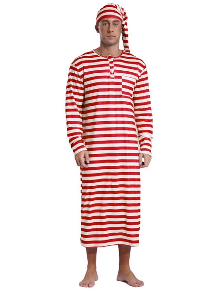 Men's Pajamas Set Long Sleeve Striped Robe Round Neck Loose Sleepwear with Hat