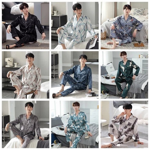 Men's Long Sleeve Satin Pajamas Set Luxury Button Down Pajama Pants Home Clothe