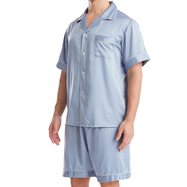 Men Satin Pajamas Set Shorts + Shirt Sleepwear Lounge Nightwear Buttons Outfit