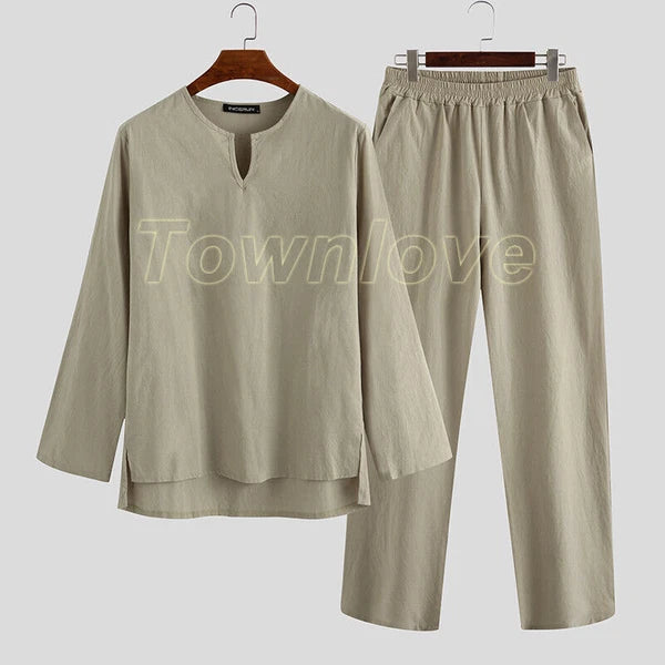 Mens Long Sleeve Cotton Linen Casual Loose Pajamas Suits Night Loungewear Set