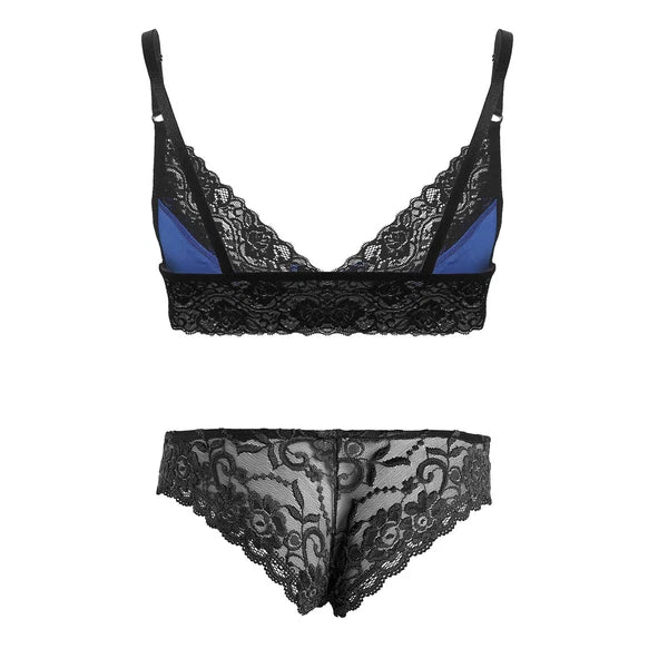 Men Ruffled Lingerie Set Cami Straps Bandeau Bra Thong 2Pcs Crossdresser Pajamas