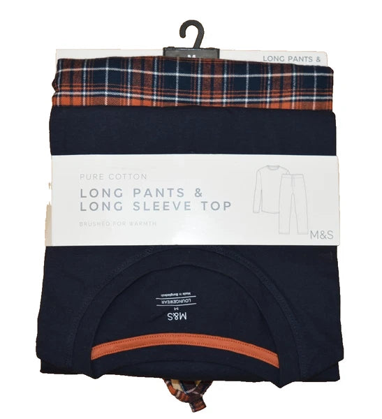 New M&S Mens Brushed Cotton Long Pants & Sleeve Navy Mix  Pyjamas Sz M 2XL