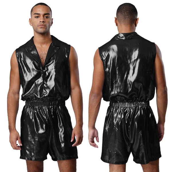 Men Shiny Glossy See-Through Metallic Chiffon Jumpsuit Bodysuit /Pajama Set