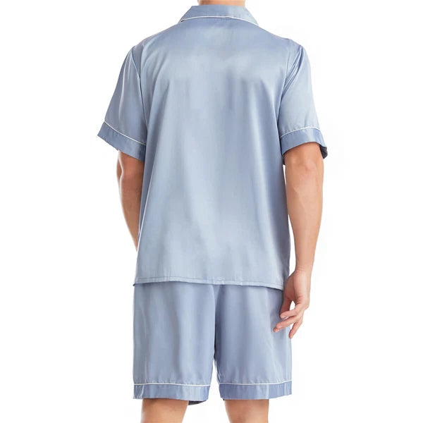 Men Satin Pajamas Set Shorts + Shirt Sleepwear Lounge Nightwear Buttons Outfit
