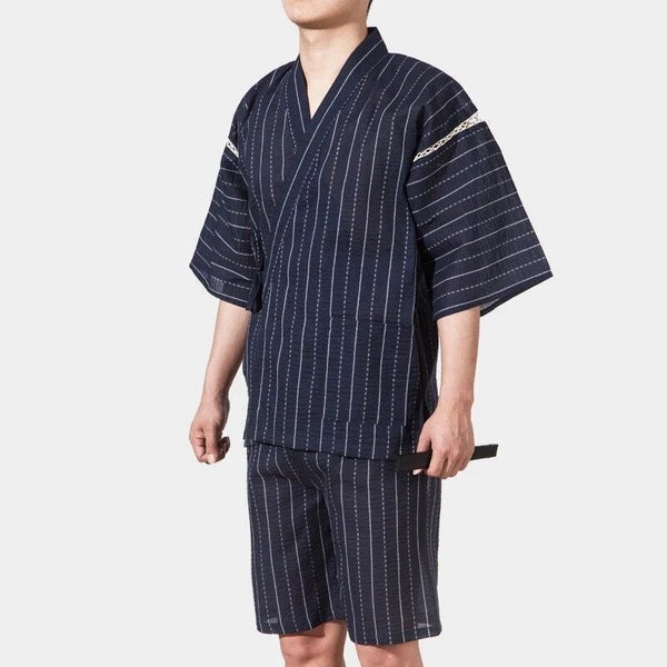 Men Japanese Kimono Pyjama Sets Yukata Jinbei Traditional Stripe Soft Nightwear