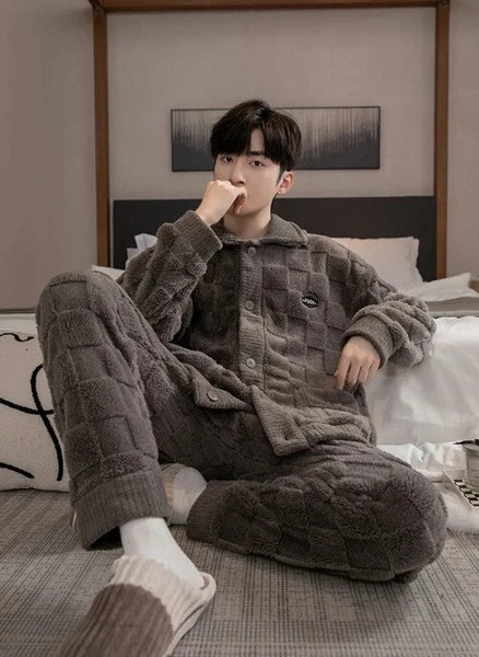 2Pcs/set Men's Pajamas Autumn Winter Padded Long-sleeved Trousers Coral Fleece