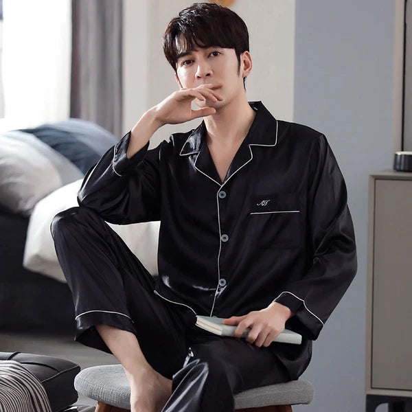 Men's Long Sleeve Satin Pajamas Set Luxury Button Down Pajama Pants Home Clothe
