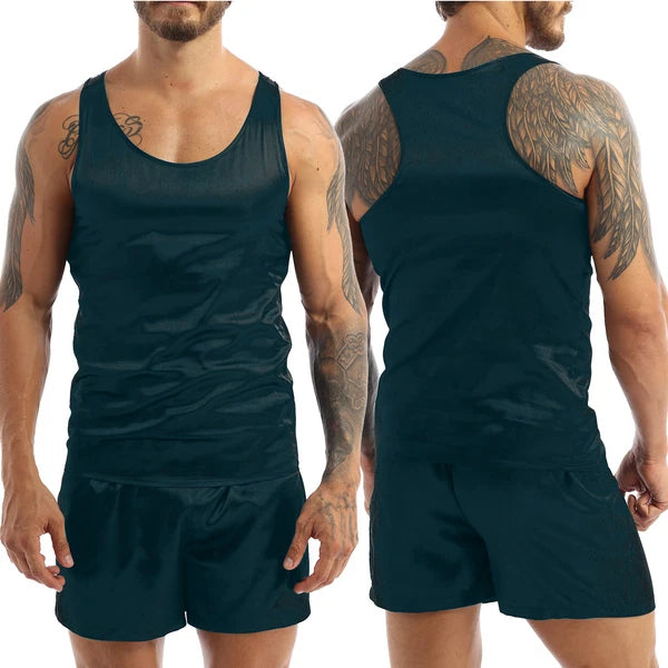 Men's Satin Pajamas Set Soft Silky Loungewear Nightwear Shirts Top with Shorts