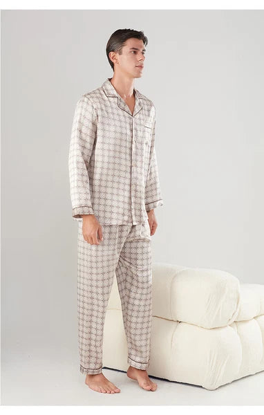 Men's 19MM 100% Pure Mulberry Silk Pajamas Set Long Sleeves Silk Sleepwear S~3XL