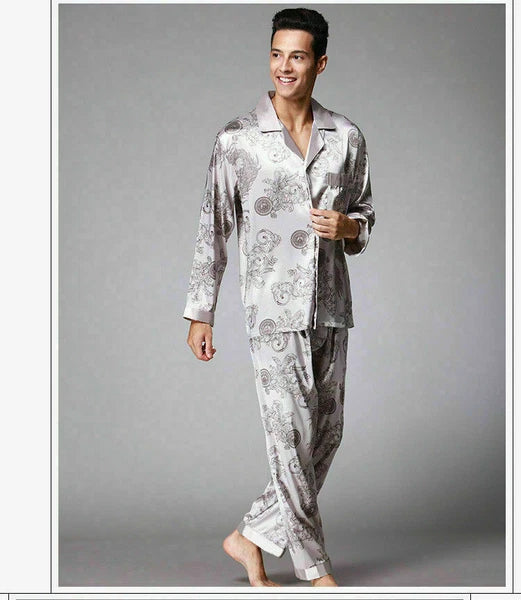 Men Satin Faux Silk Pyjama Set Sleeping Nightwear Asian Dragon Night Gown Outfit
