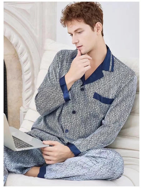 Men's 19MM 100% Pure Mulberry Silk Pajamas Set Print Silk Sleepwear M L XL