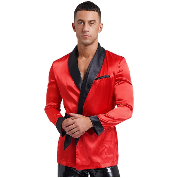 Men's Silk Satin Pajamas Set Short Sleeves Top and Bottom Boxer Shorts Shirt Set