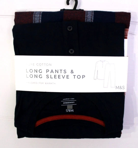 M & S Mens Pure Cotton Brushed For Warmth Pyjamas Loungewear Top & Long Pants