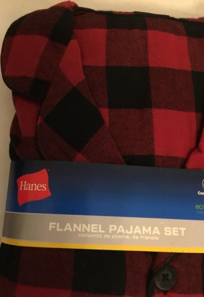 NWT Men's Hanes Flannel RED / BLACK Gray Plaid L/S Pant Set Pajamas PJs Cotton