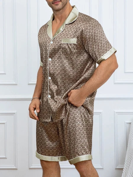 Mens Silk Satin Pyjamas Pj Set Top and Shorts Sleepwear Nightwear Casual Pijamas