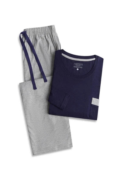 Mens Contare Sizes S-7XL Navy Blue Grey Bamboo Cotton Long Sleeve Pyjama Set Pjs