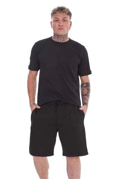 Mens Cotton Pyjama Short Set Jersey Round Neck Top Fleece Zipped Pockets Short