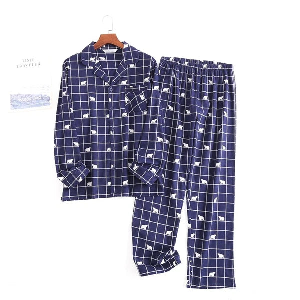 Men's Pajamas Set 100% Cotton Sleepwear Long Sleeve Button Top Pants Nightwear