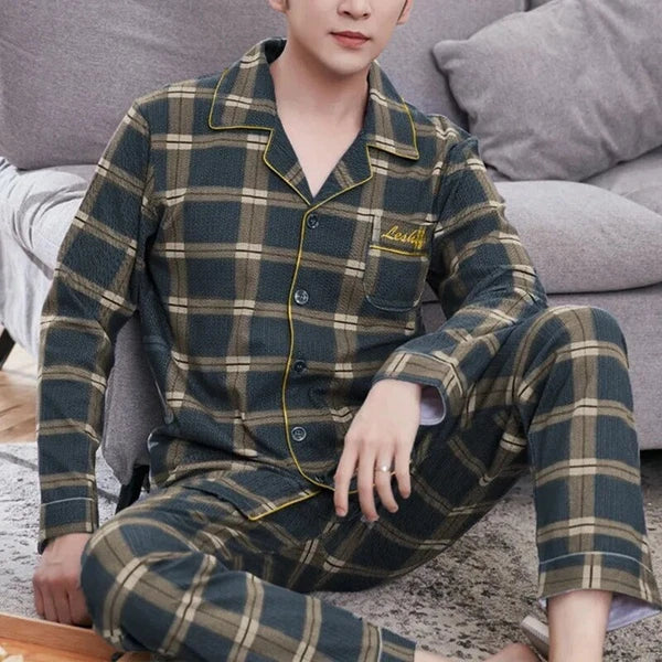 Men's Pajama Sets Simple Sleepwear Long Sleeve Cotton Top Pant Leisure Outwear