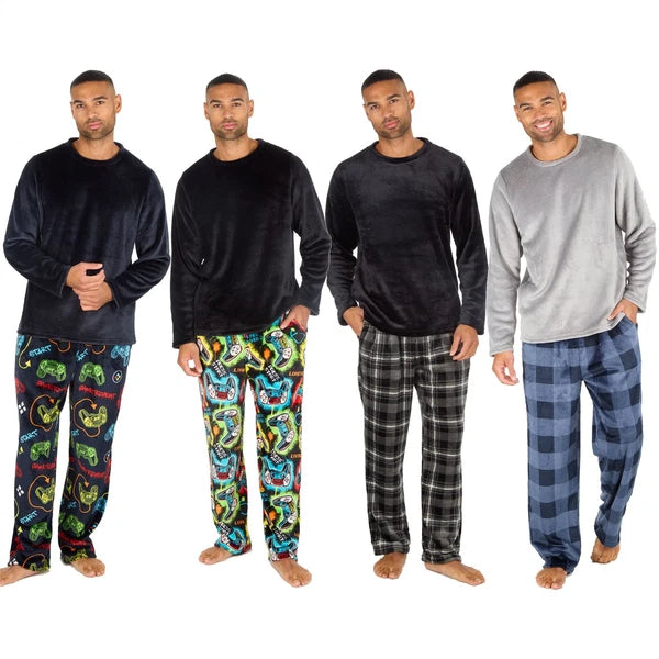 Mens Fleece Pyjamas Long Sleeve Pyjama Set Gamer Gaming Check Size S-XXL