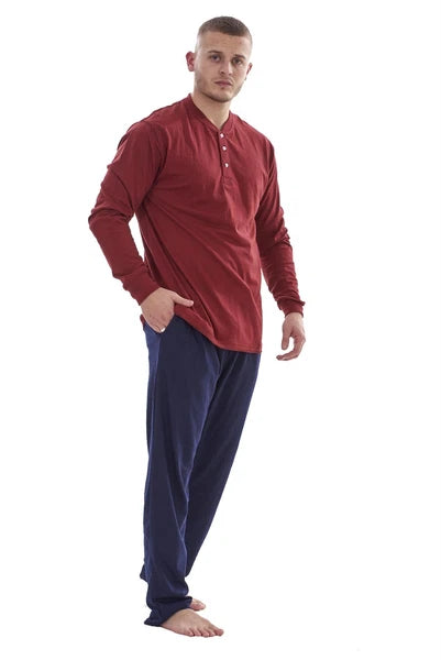 Mens Pyjama Set Cotton Jersey Henley Top Loungewear Lightweight Nightwear M-XXL