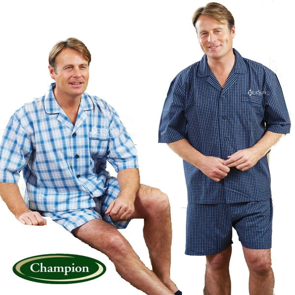 Mens Champion Richmond Polycotton Short Sleeve Check Short Pyjamas Size M to 3XL